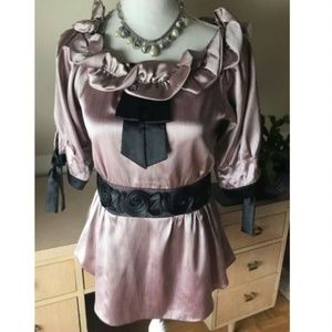 Satin Striped Shirt with Lace Trim, Puff Sleeve, M